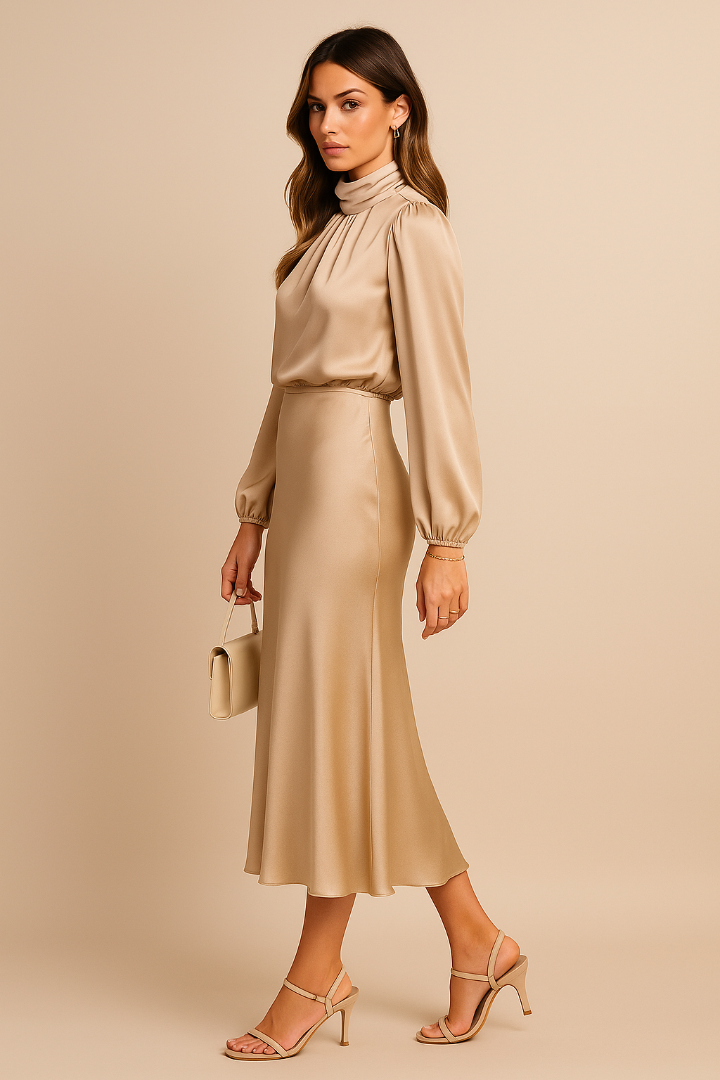 Black high waist midi dress for women, featuring a high neck, ideal for stylish casual outfits.