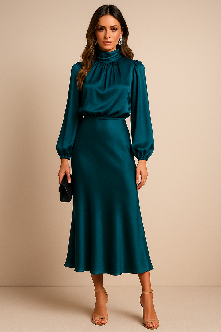 Pink high waist midi dress, an elegant high neck casual dress for women, suitable for any season.