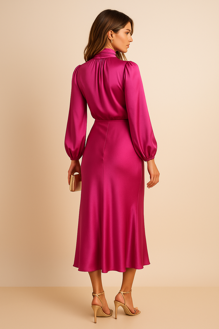 Women's black high waist midi dress, an all-season elegant high neck casual fashion piece.