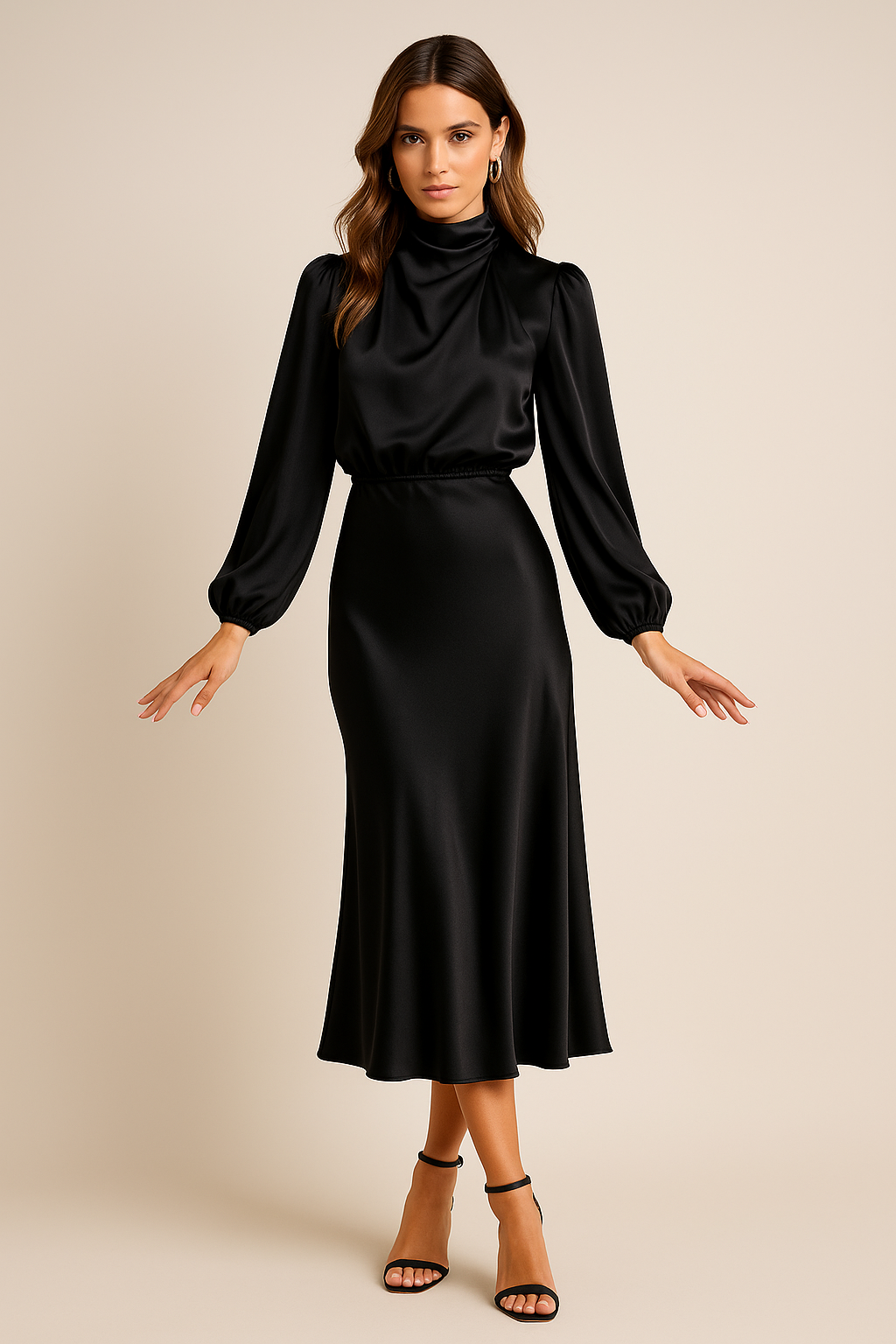 Blue women's casual midi dress with high waist and high neck, suitable for all seasons.