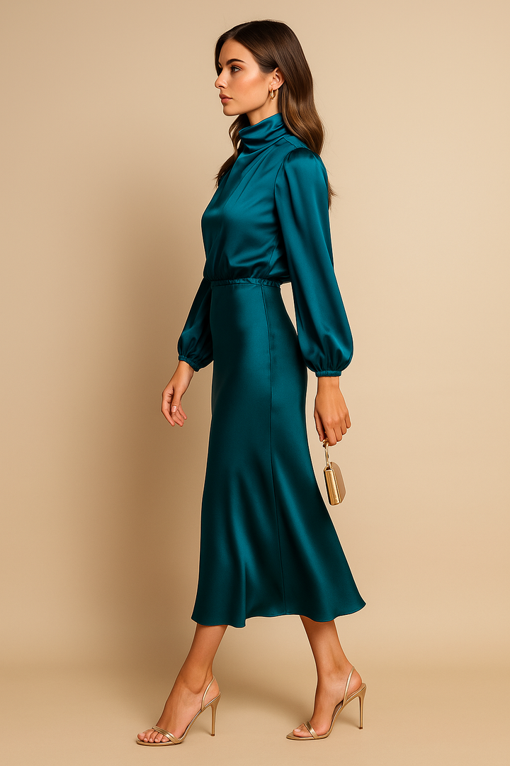 Close-up of the high neck detail on an apricot women's high waist midi casual dress.