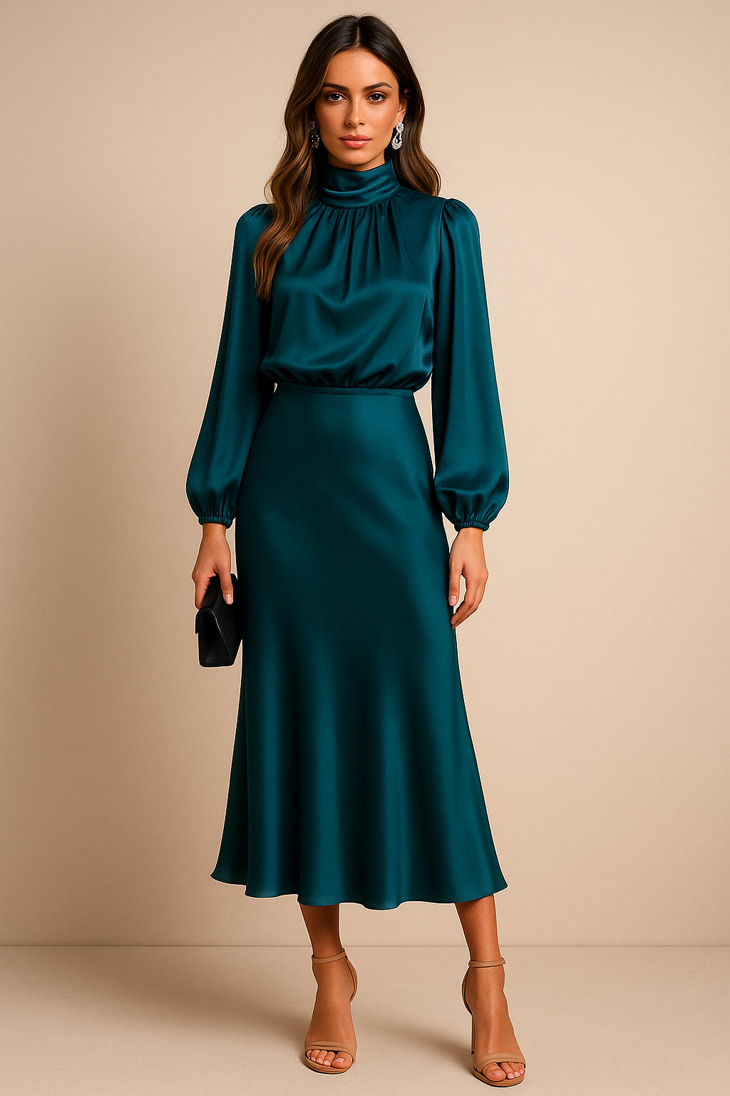 Full length view of a woman wearing the black high waist midi dress with an elegant high neck.