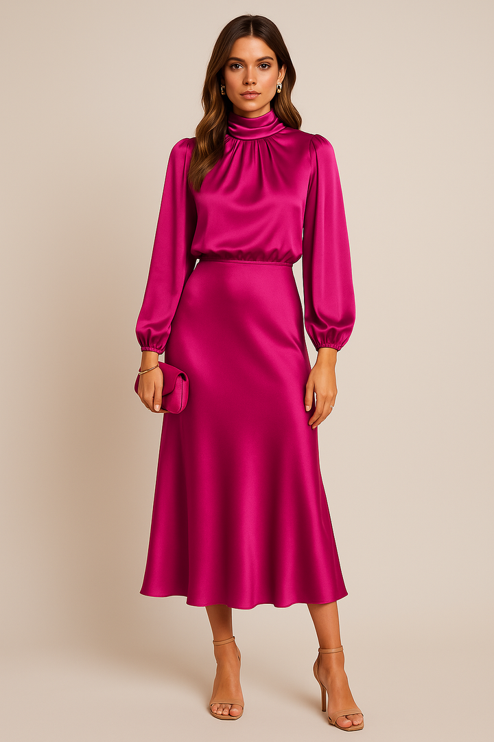 Side profile of the blue high waist midi dress showing its comfortable fit and high neck.