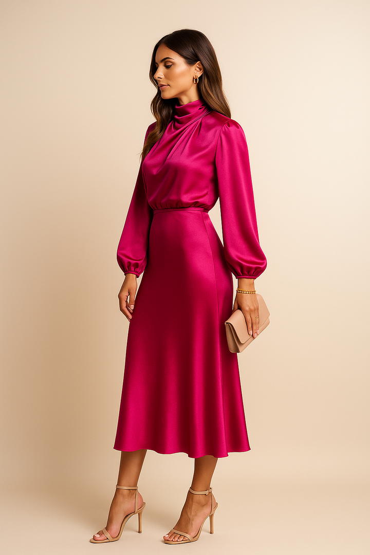 Apricot high waist midi dress, a versatile women's casual dress with a high neck.
