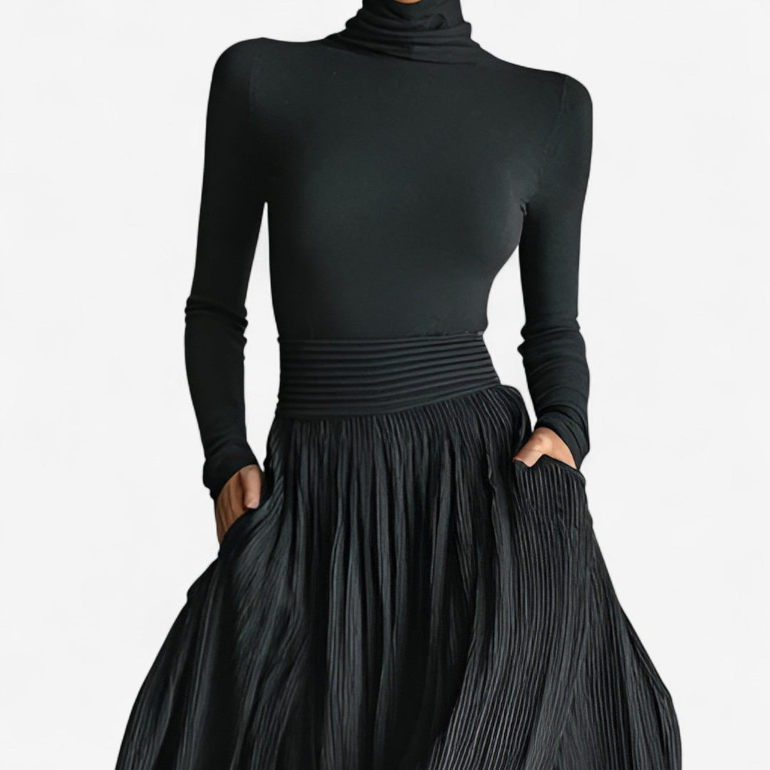 Sophisticated two-piece ensemble: high waist maxi skirt & long sleeve shirt for women.