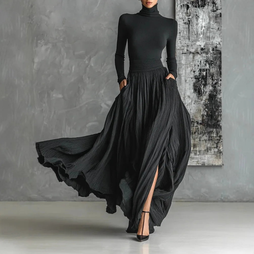 Maxi skirt and long sleeve shirt set, an elegant two-piece for women's sophisticated style.