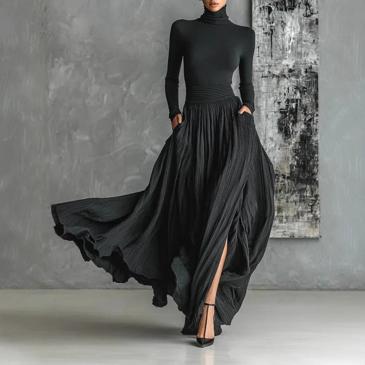 Maxi skirt and long sleeve shirt set, an elegant two-piece for women's sophisticated style.
