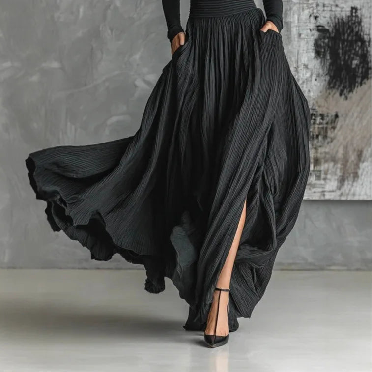 High waist pleated maxi skirt & long sleeve top ensemble, a chic and flowy women's outfit.