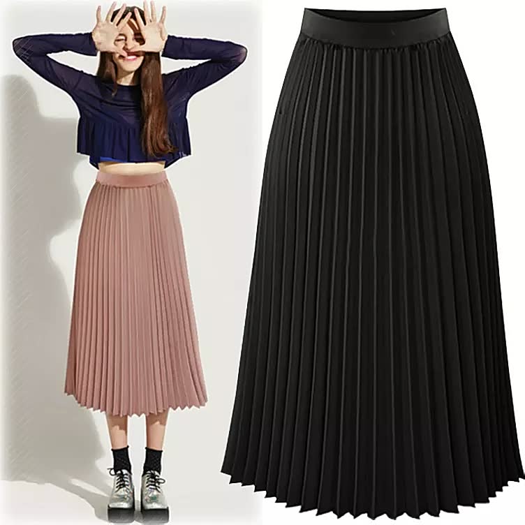 Comfortable high waist pleated midi skirt for women, featuring a flattering A-line silhouette.