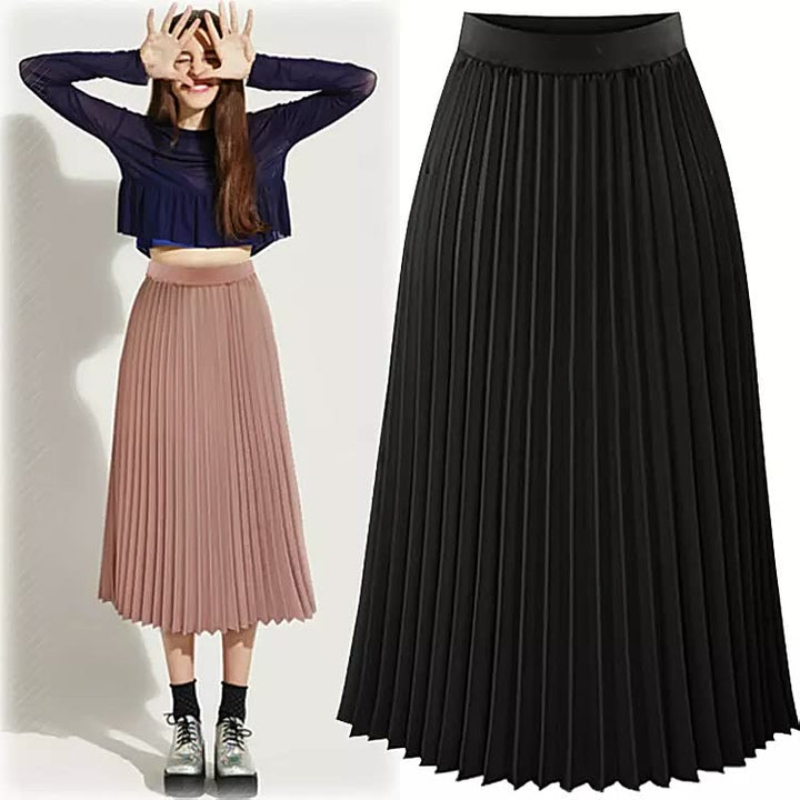Comfortable high waist pleated midi skirt for women, featuring a flattering A-line silhouette.