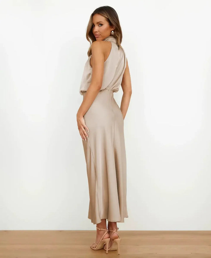 Women's casual chic sleeveless midi dress, navy blue, with a flattering high waist cut
