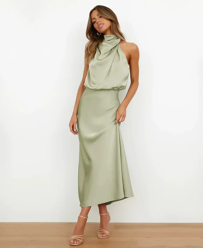 Women's minimalist high neck sleeveless midi dress, versatile grey, cotton blend fabric