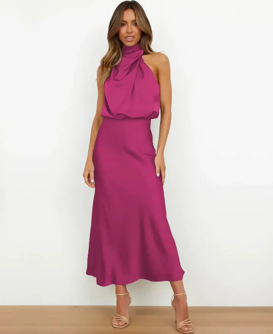 Women's high waist sleeveless midi party dress in vibrant yellow, ready for any event