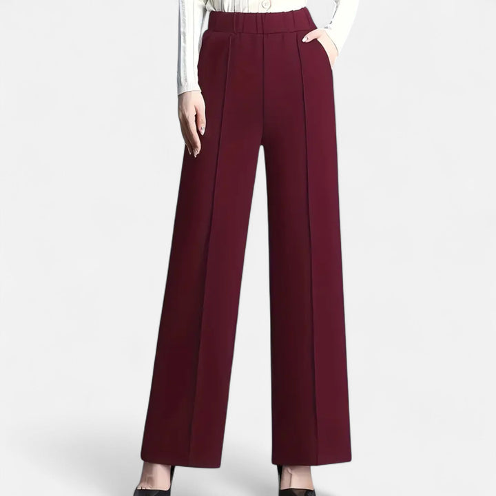 Comfortable women's high-waist pants, straight-leg silhouette, ideal for professional or everyday wear.
