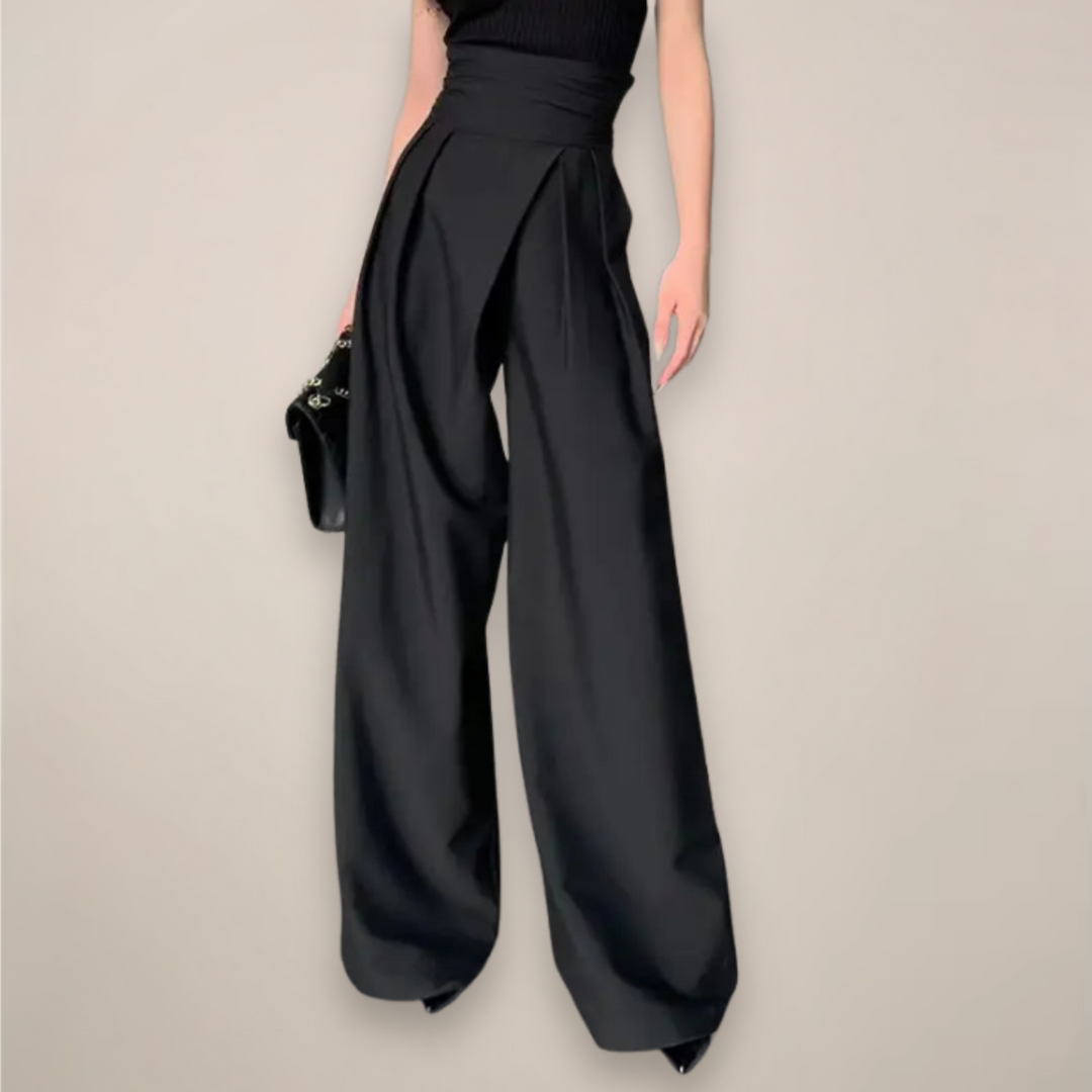 Elegant women's high waisted wide leg black trousers, perfect for summer casual or elegant fashion.