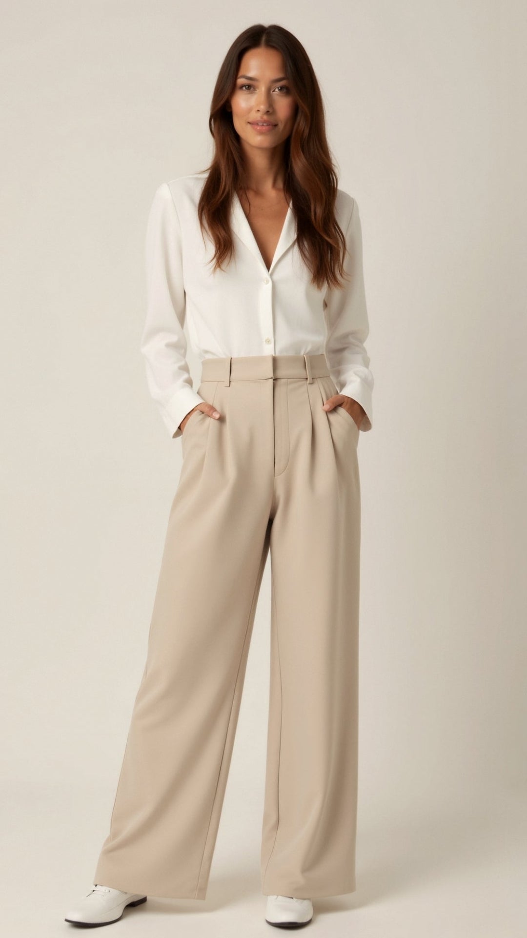 Elegant women's high waisted wide leg trousers in a neutral shade, perfect for office wear