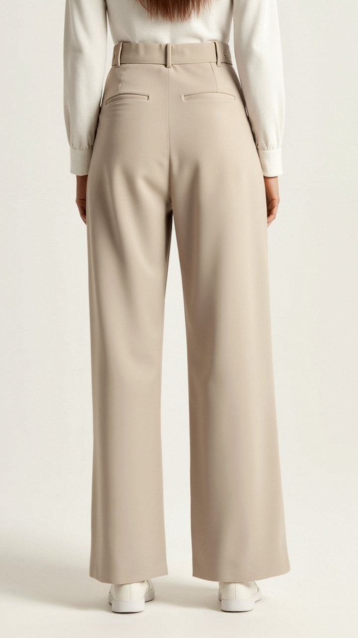 Close-up of the fabric on women's high waisted wide leg trousers, showing texture
