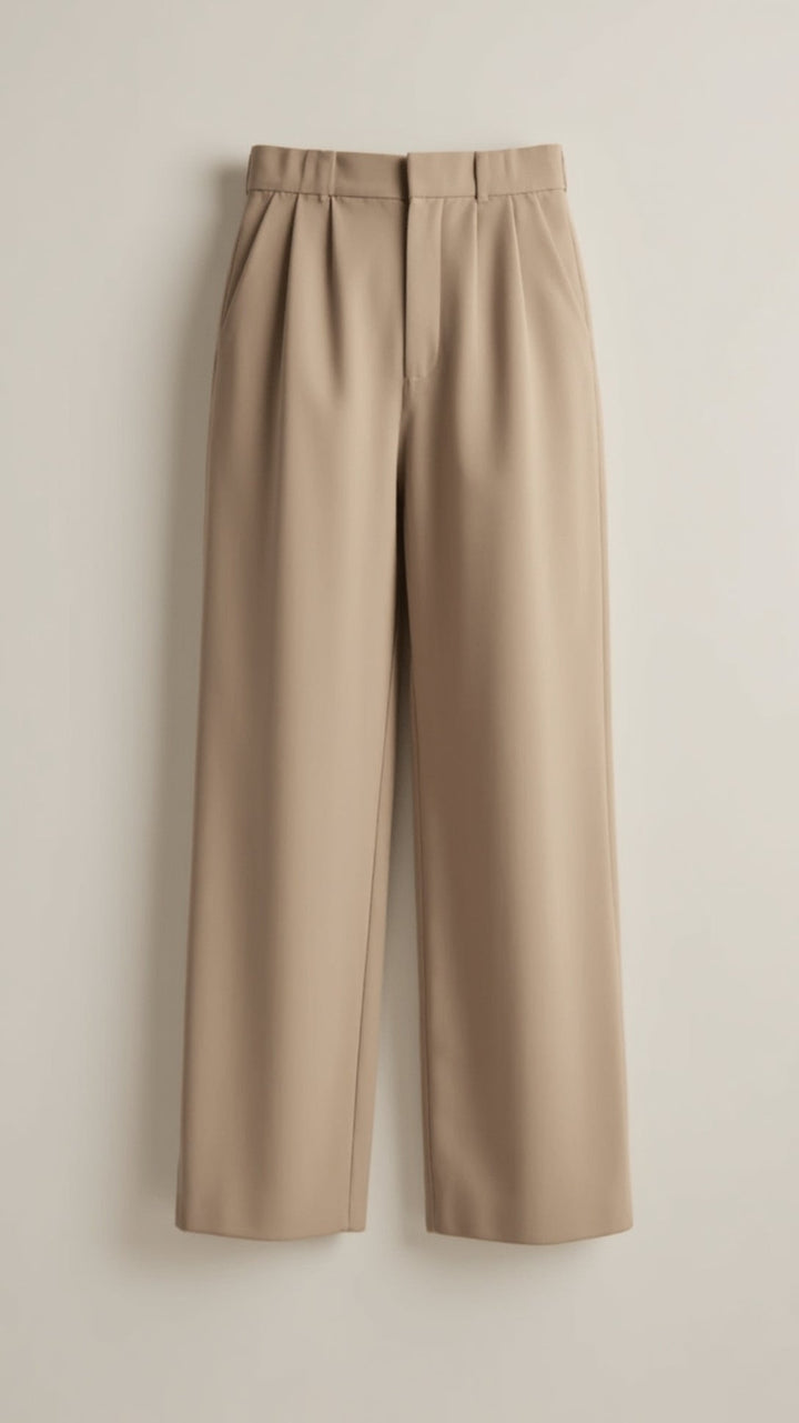 Full length view of women's high waisted wide leg trousers paired with a blouse
