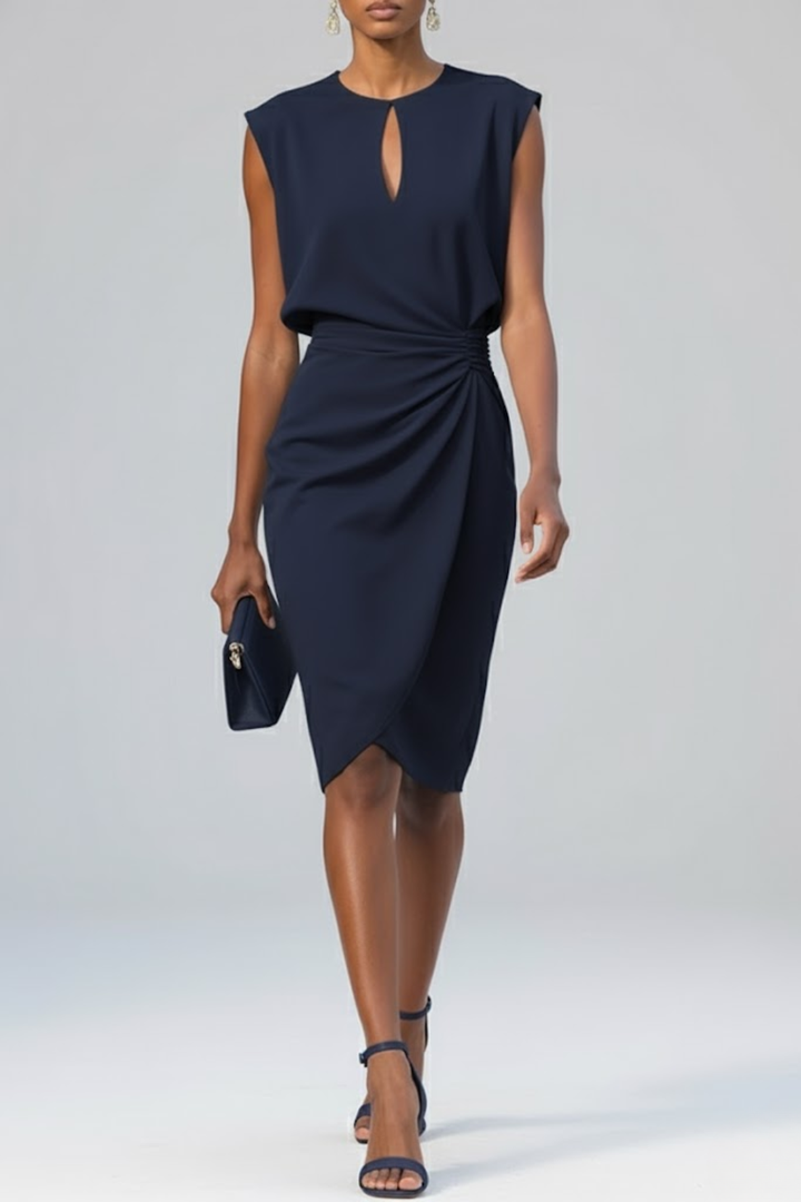 Versatile women's midi dress with a stylish keyhole neck and flattering ruched details.