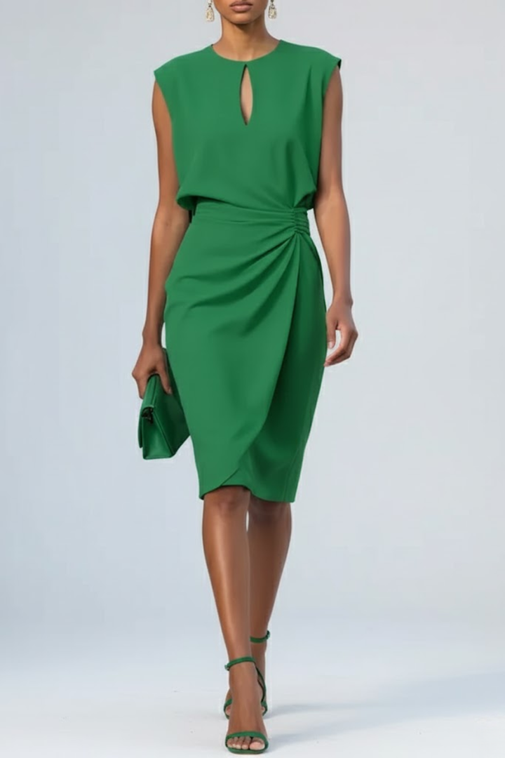 Stylish women's ruched midi dress with a keyhole neck, ideal for a fashion-forward look.