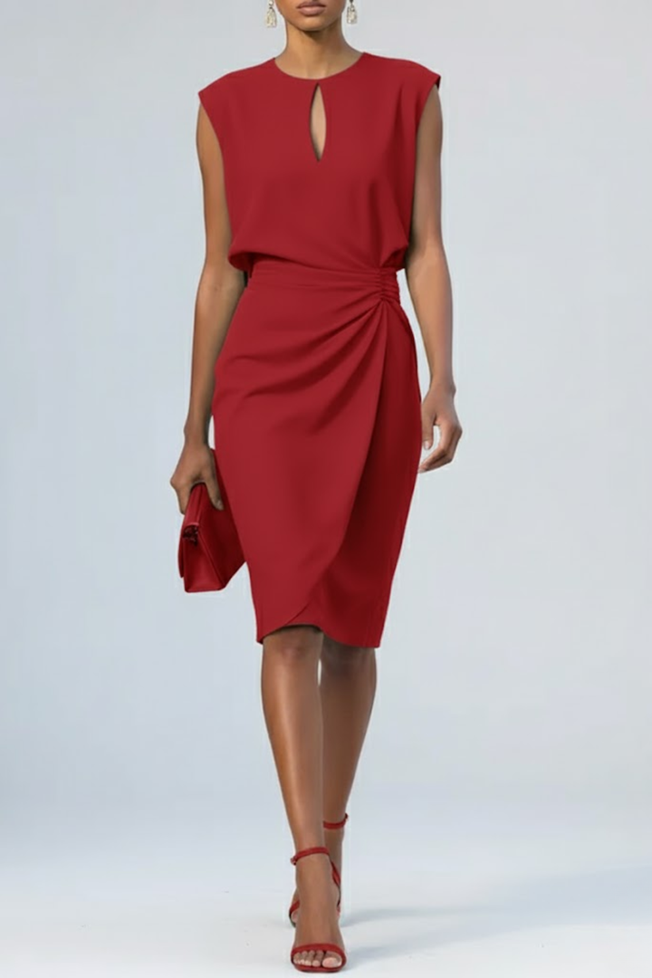 Full-length view of a women's keyhole neck ruched midi dress, a sophisticated day dress choice.