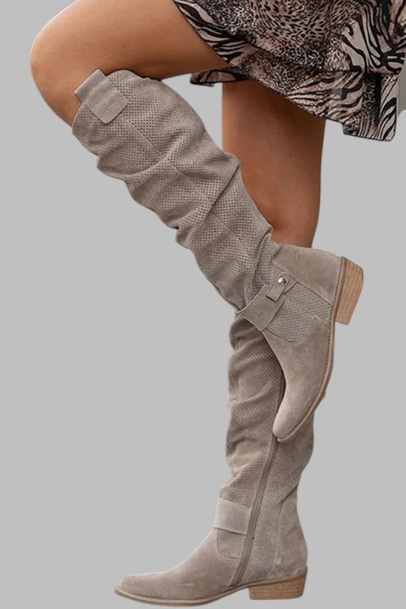 Elegant women's khaki knee-high leather boots with perforated detailing, vintage style low heel, perfect for fall/winter.