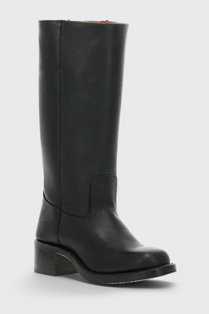 Everyday elegant brown knee-high boots for women, featuring a comfortable & stable stacked heel.