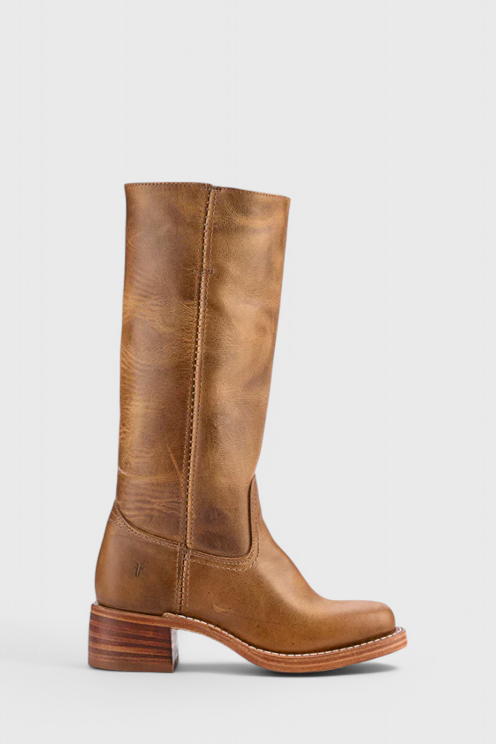 Premium women's knee-high leather boots, elegant design with a comfortable stacked heel.