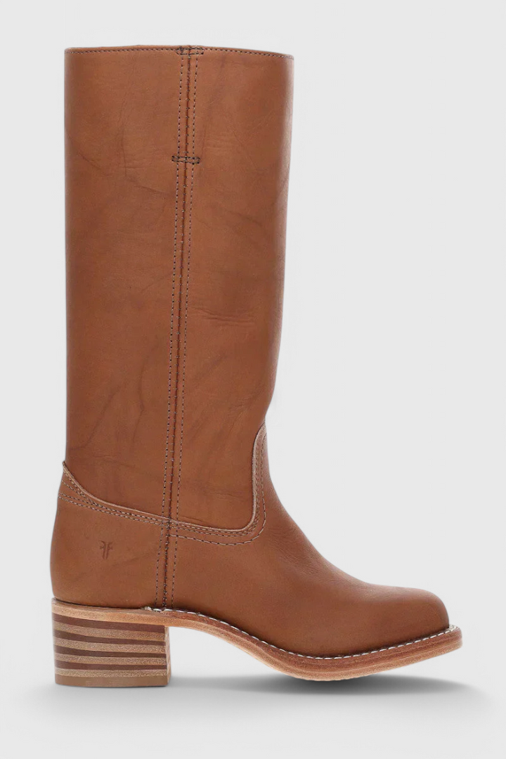 Sophisticated women's knee-high boots with sleek stacked heel, perfect for professional or casual.