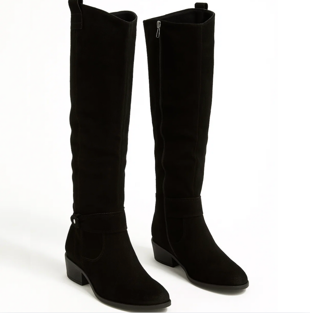 Women's black suede knee-high boots, embodying elegance and comfort for everyday wear or events