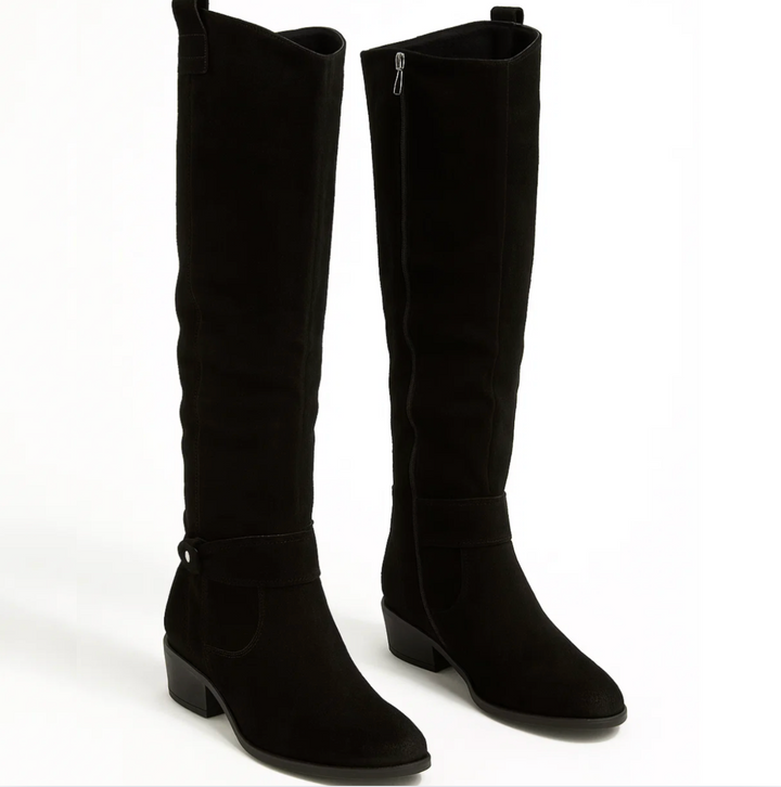 Women's black suede knee-high boots, embodying elegance and comfort for everyday wear or events