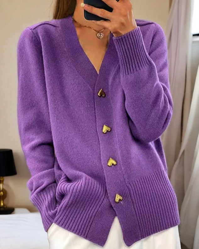 Casual chic women's v-neck cardigan, knitwear, featuring charming heart button details.