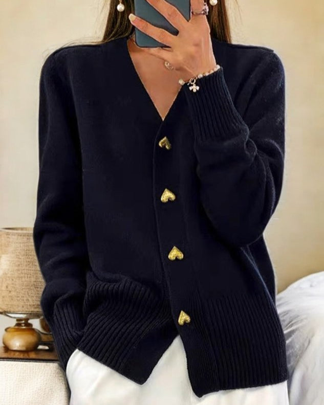 Women's fall fashion cardgian, #1851 Chasie, knit, long sleeve, adorned with heart buttons.