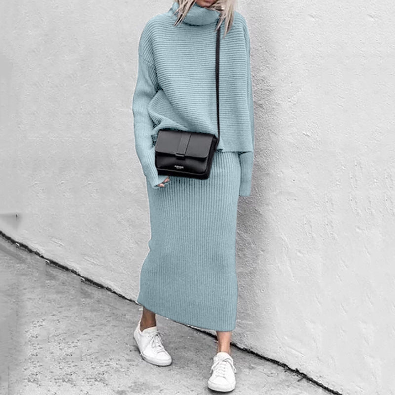 Two-piece women's sweater and skirt set, a casual chic outfit for comfortable, elegant wear.