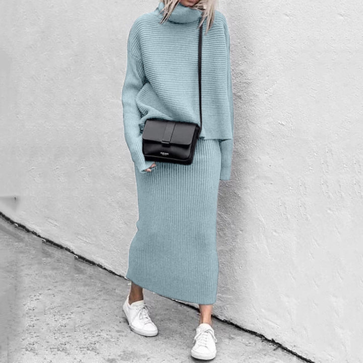 Two-piece women's sweater and skirt set, a casual chic outfit for comfortable, elegant wear.
