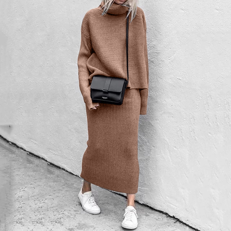 Women's knitted set featuring a sophisticated sweater and matching skirt, ideal for cozy style.