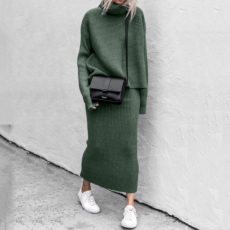 Stylish women's knit sweater and fitted skirt set, an elegant apparel choice for cooler seasons.