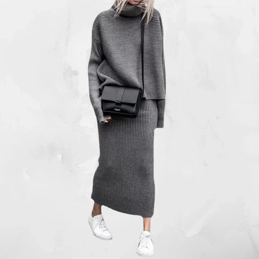 Comfortable women's two-piece knit outfit with a chic sweater and skirt, great for everyday elegance.