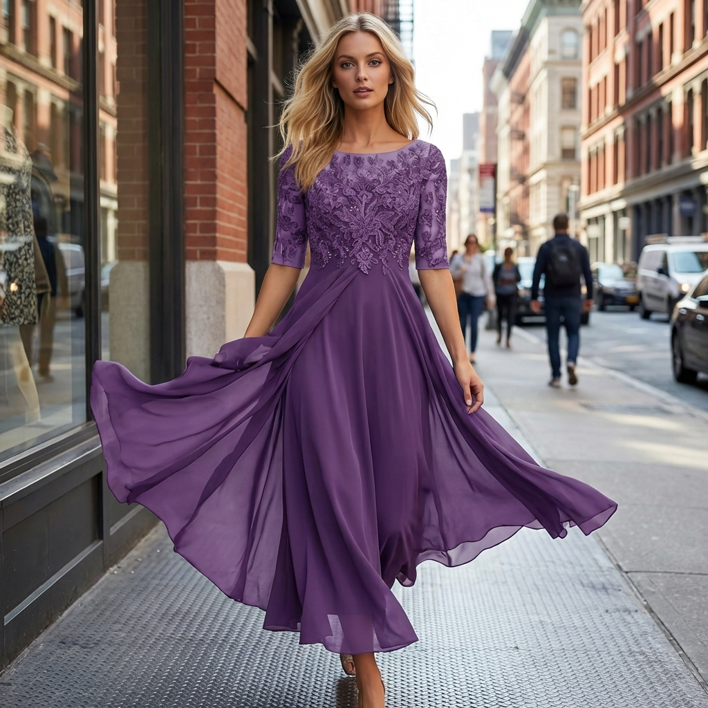 Sophisticated women's lace midi dress, round neck, three-quarter sleeves, ideal for formal and party events.