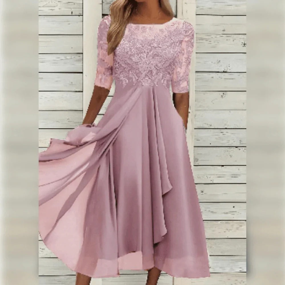 Formal women's midi dress with delicate lace, suitable for special occasions, evening events, and parties.