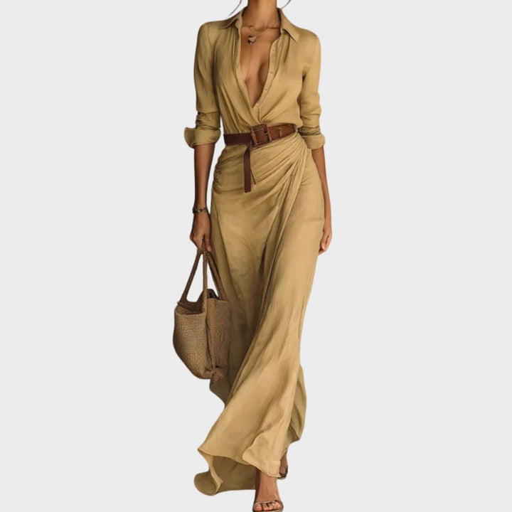 Elegant women's lapel wrap maxi dress in black, perfect for formal or casual chic occasions.