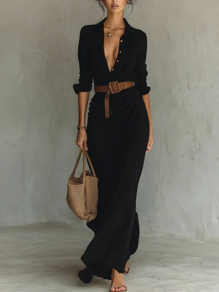 Long-sleeved women's wrap maxi dress with a sophisticated lapel and V-neckline.