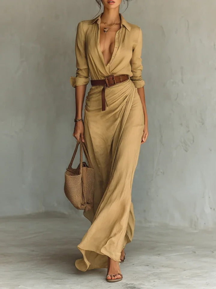 Fashionable women's belted wrap maxi dress, versatile for elegant and casual wear.