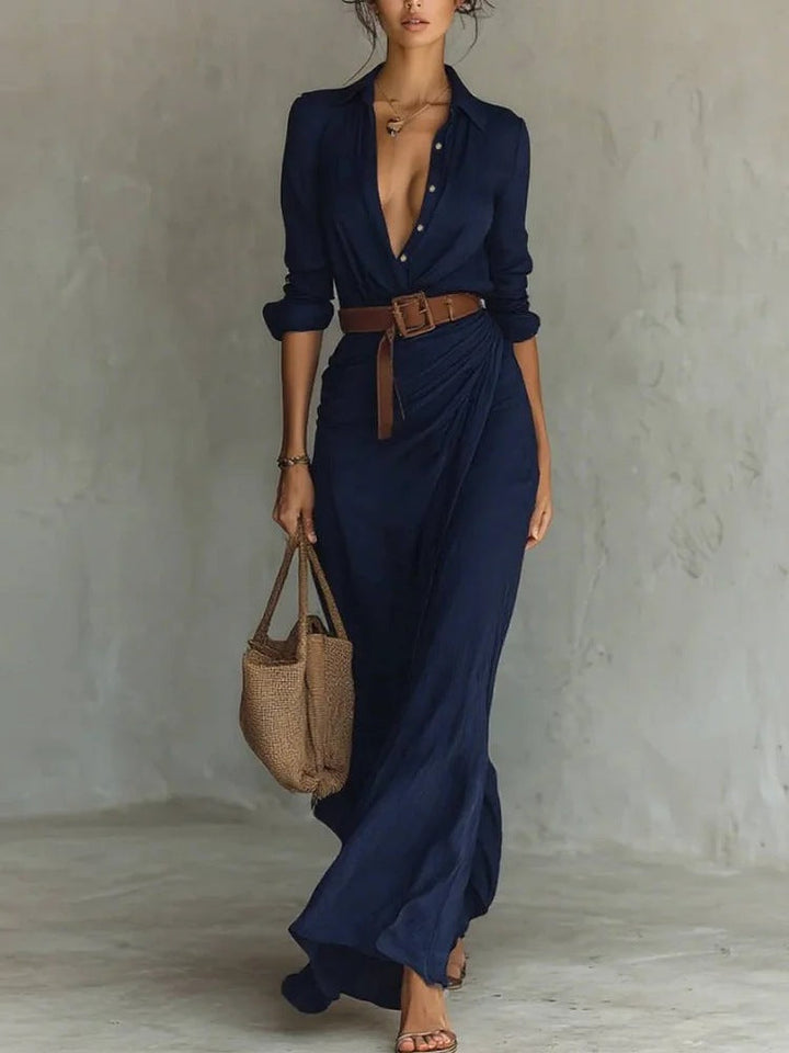Chic women's formal long dress featuring a lapel and flattering wrap design.