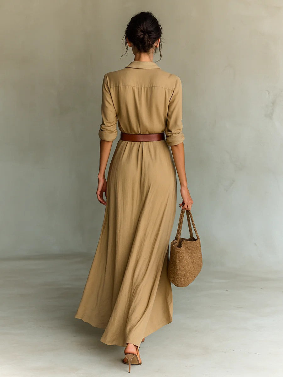 Stylish women's black wrap maxi dress with lapel collar for a refined look.