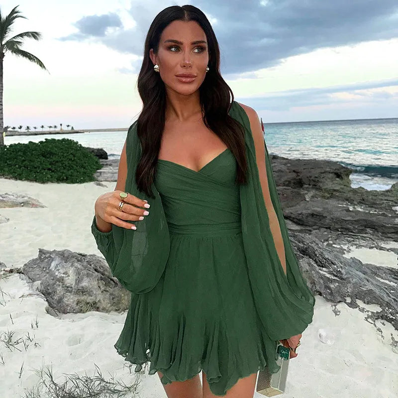 Chic women's mini dress, long puff sleeves, vibrant leopard print, ideal for summer events