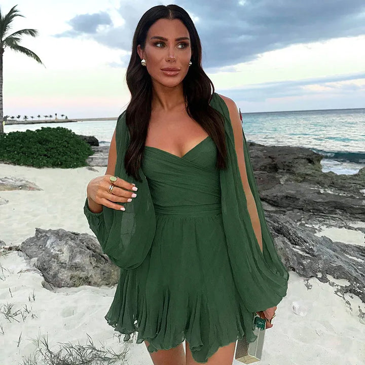 Chic women's mini dress, long puff sleeves, vibrant leopard print, ideal for summer events