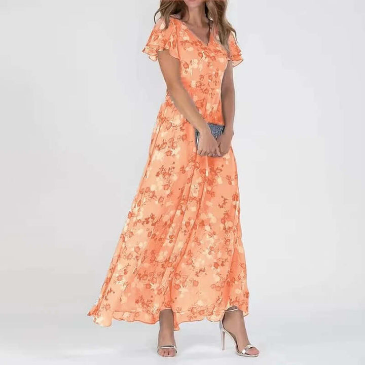 Colorful orange midi dress for women. Versatile elegant style, great for casual days or special evenings.
