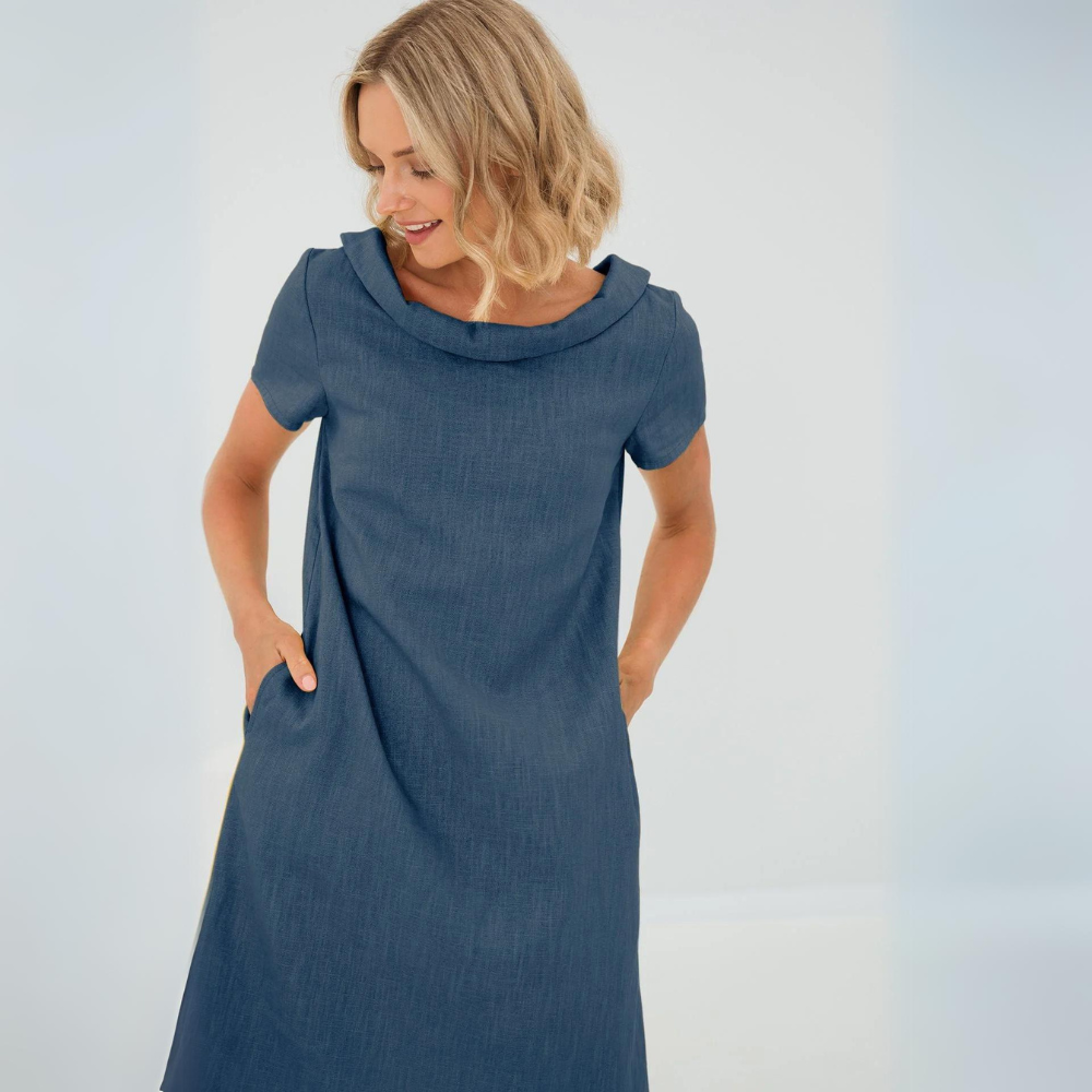 Sofia linen summer dress for women. Effortless, cool, and elegant short sleeve style with pockets.