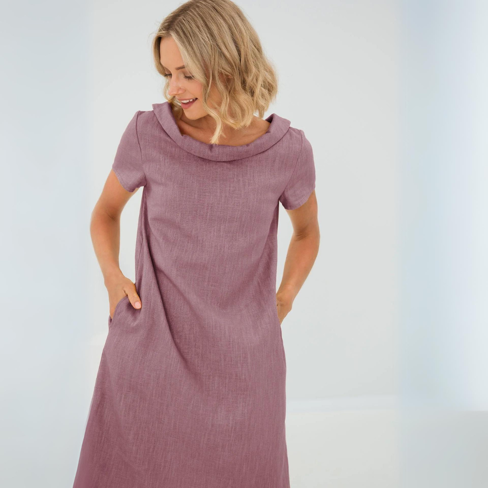 Women's cool & elegant linen summer dress. Breezy short sleeve style with pockets, perfect for day.